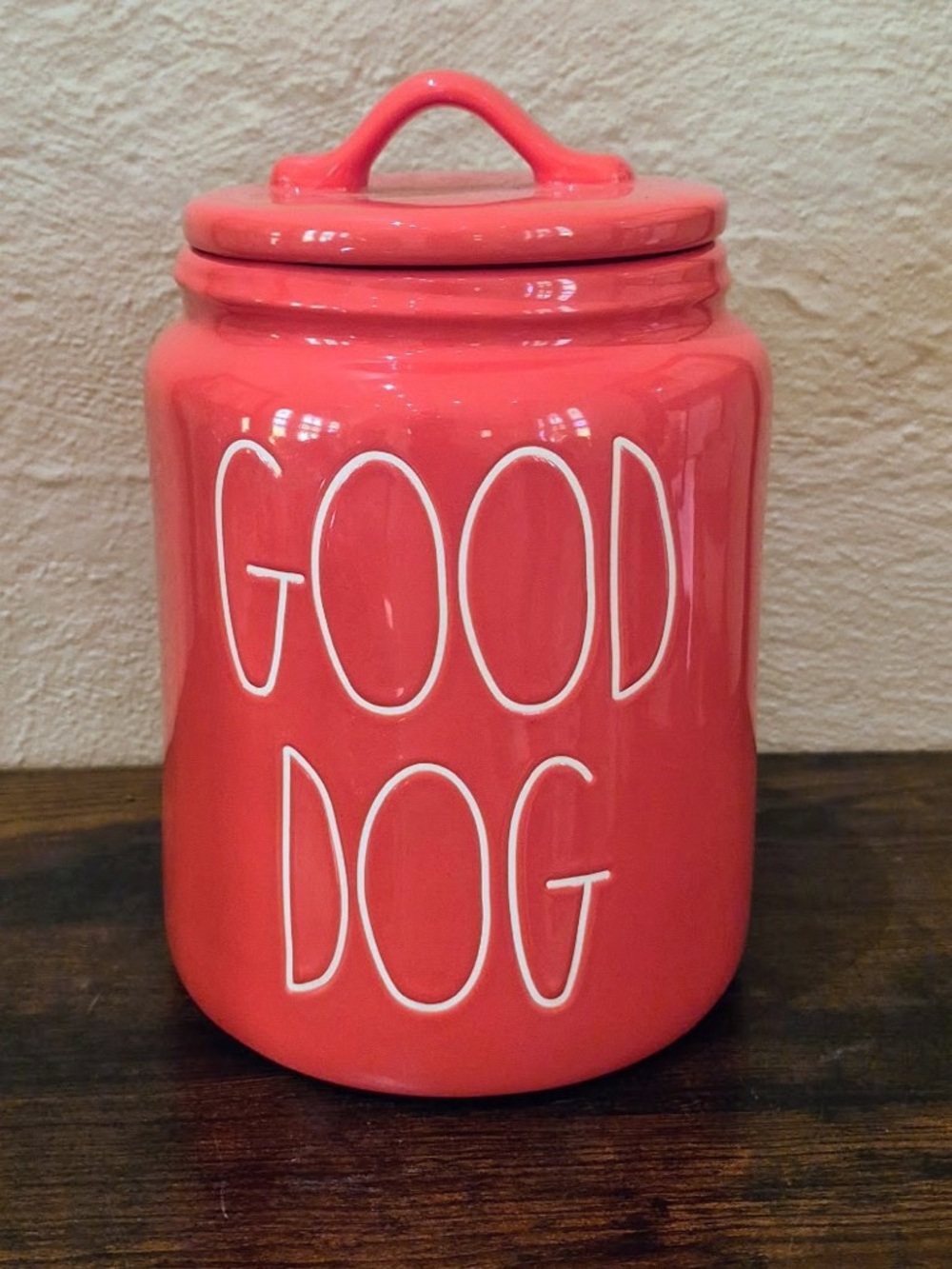 Rae Dunn Coral Pink "GOOD DOG" Treat Jar